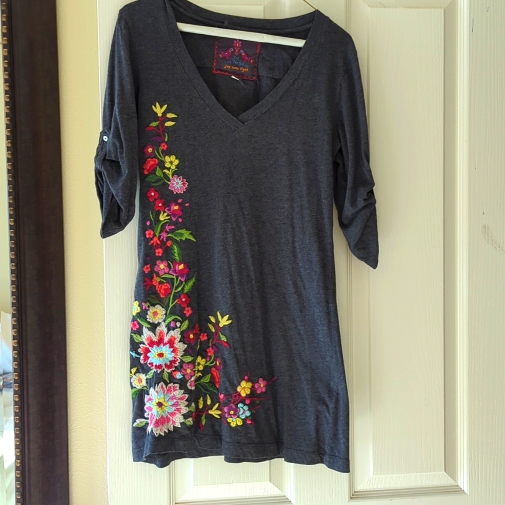Johnny Was Charcoal Gray Mini Dress with Multicolor Floral Embroidery